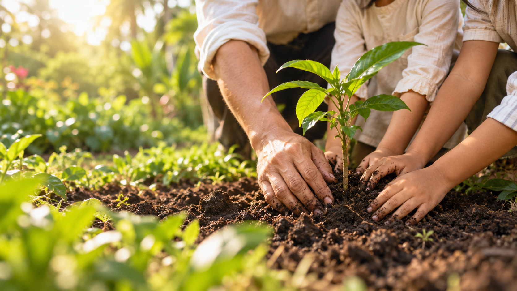 Symbolic image of a family nurturing a young tree